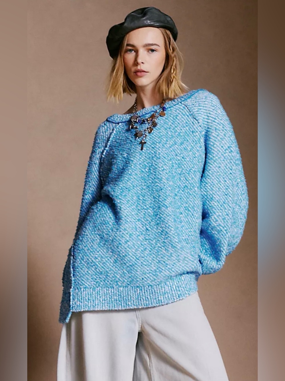 Free People Blue Marled Off-the-Shoulder Sweater